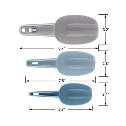 Ice Scoop Set of 3, Multi-purpose Plastic Kitchen Scoops Bar Scooper for Canisters, Flour, Powders, Dry Foods, Candy, Pop Corn, Coffee Beans and Pet Food