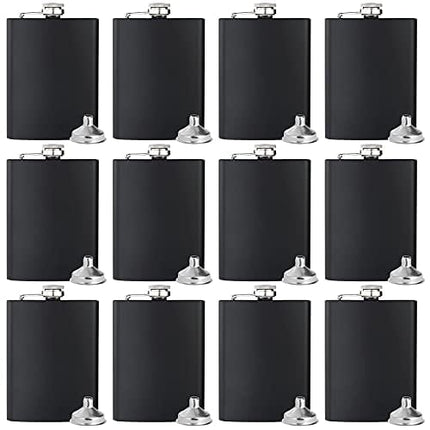 Set of 12 Black 8OZ Hip Flask with Silver lid for Liquor Stainless Steel with 12 pcs Funnel for Gift, Camping, Wedding Party