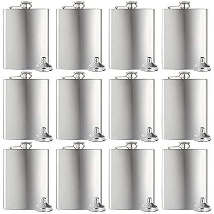 Set of 12 Hip Flask 8OZ for Liquor Silver Stainless Steel with 12 pcs Funnel for Gift, Camping, Wedding Party
