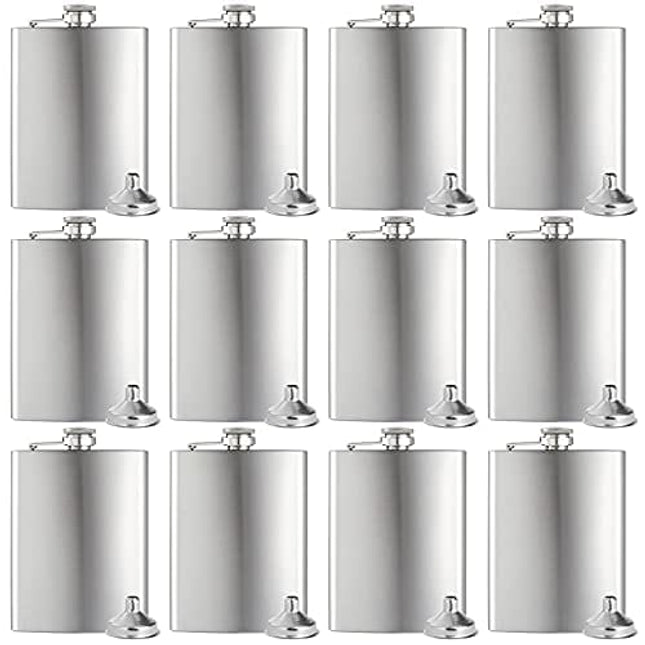 Set of 12 Hip Flask 8OZ for Liquor Silver Stainless Steel with 12 pcs Funnel for Gift, Camping, Wedding Party