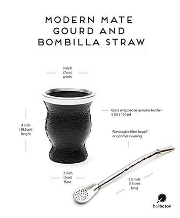 Balibetov [New] Leather & Glass Yerba Mate Gourd Set (Mate Cup) with Yerba Mate Bombilla (Straw) (Black)