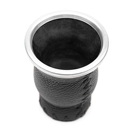 Balibetov [New] Leather & Glass Yerba Mate Gourd Set (Mate Cup) with Yerba Mate Bombilla (Straw) (Black)