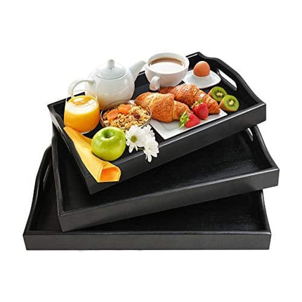 Serving Tray with Handles - Wood Bamboo Trays for Food Breakfast Party,Tea Coffee Table Ottoman Decor Set of 3 (Black)