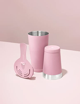 BarChemistry Cocktail Shaker – Professional Cocktail Set with Boston Shaker and Strainer – Stainless Steel Drink Shaker – Weighted Shaker Cups – Rubber Coated Boston Cocktail Shaker – Matte Pink