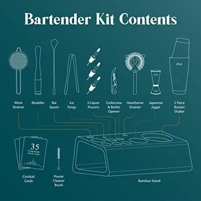 Mixology Bartender Kit Bar Set | 14-Piece Boston Cocktail Shaker Set | Professional Barware Mixing Tools for Home Bartending | Bamboo Stand & Recipe Cards | Gift Set for Him & Her (Gold)
