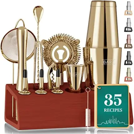 Mixology Bartender Kit Bar Set | 14-Piece Boston Cocktail Shaker Set | Professional Barware Mixing Tools for Home Bartending | Bamboo Stand & Recipe Cards | Gift Set for Him & Her (Gold)