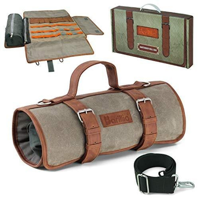 Barillio Bartender Bag Travel Bartender Bag | Waxed Canavs Bar Kit Bag for Carrying Bar Tools | Professional Bartender Roll with Shoulder Strap for Perfect Storage (Bag Only)