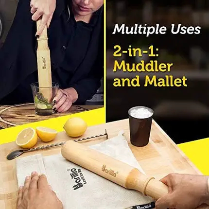 BIG-SHOT 13.75" Hard Maple Muddler Mallet & Lewis Ice Bag Kit by BARILLIO | Wooden Mojito Muddler Bar Tool Ice Crusher & Canvas Bag Set | Make Cocktails Drinks And Crushed Ice With Ease