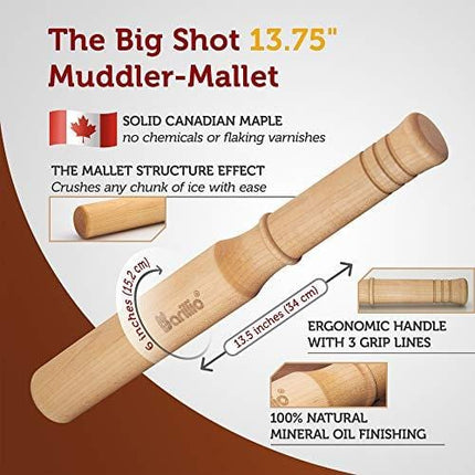BIG-SHOT 13.75" Hard Maple Muddler Mallet & Lewis Ice Bag Kit by BARILLIO | Wooden Mojito Muddler Bar Tool Ice Crusher & Canvas Bag Set | Make Cocktails Drinks And Crushed Ice With Ease
