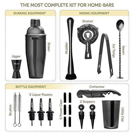 Black 23-Piece Bartender Kit Cocktail Shaker Set by BARILLIO: Stainless Steel Bar Tools With Sleek Bamboo Stand, Velvet Carry Bag & Recipes Booklet | Ultimate Drink Mixing Adventure
