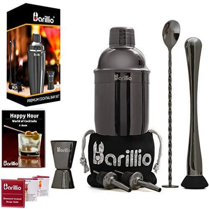 Black Cocktail Shaker Set Bartender Kit by BARILLIO: 24 oz Stainless Steel Martini Mixer, Muddler, Mixing Spoon, jigger, 2 liquor pourers, Velvet Bag, Recipes Booklet & eBook