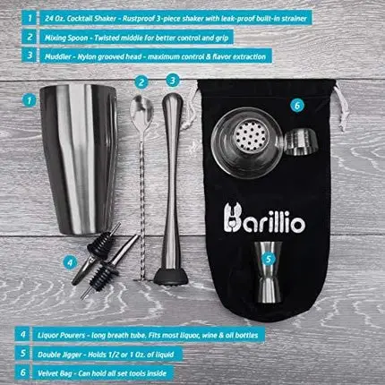 Black Cocktail Shaker Set Bartender Kit by BARILLIO: 24 oz Stainless Steel Martini Mixer, Muddler, Mixing Spoon, jigger, 2 liquor pourers, Velvet Bag, Recipes Booklet & eBook