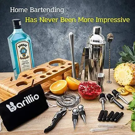 Elite 23-Piece Bartender Kit Cocktail Shaker Set by BARILLIO: Stainless Steel Bar Tools With Sleek Bamboo Stand, Velvet Carry Bag & Recipes Booklet | Ultimate Drink Mixing Adventure
