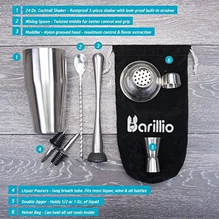 Elite Cocktail Shaker Set Bartender Kit by BARILLIO: 24 oz Stainless Steel Martini Mixer, Muddler, Mixing Spoon, jigger, 2 liquor pourers, Velvet Bag, Recipes Booklet & eBook