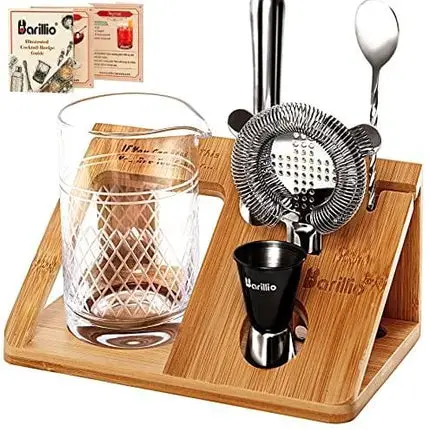 20 Oz Crystal Cocktail Mixing Glass Set With Bamboo Stand by Barillio | Seamless Mixing Pitcher for Stirred Cocktail with Thick Weighted Bottom