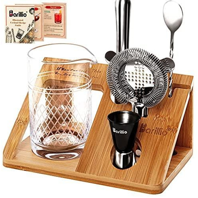 20 Oz Crystal Cocktail Mixing Glass Set With Bamboo Stand by Barillio | Seamless Mixing Pitcher for Stirred Cocktail with Thick Weighted Bottom