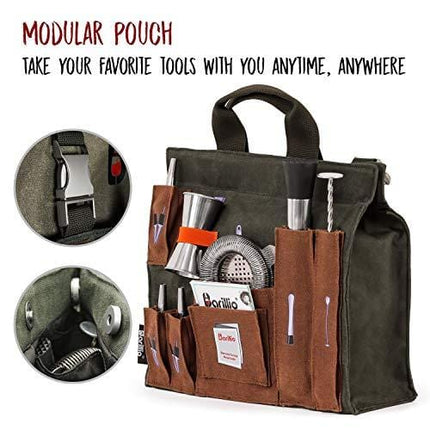 Bartender Wall Organizer With Bar tool Set | Professional Bartender Kit With Waxed Canvas Organiser Including Portable Bar Bag for Cocktail Kit | Perfect for Home Bartending