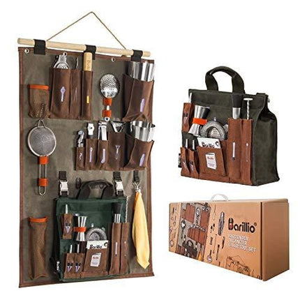 Bartender Wall Organizer With Bar tool Set | Professional Bartender Kit With Waxed Canvas Organiser Including Portable Bar Bag for Cocktail Kit | Perfect for Home Bartending