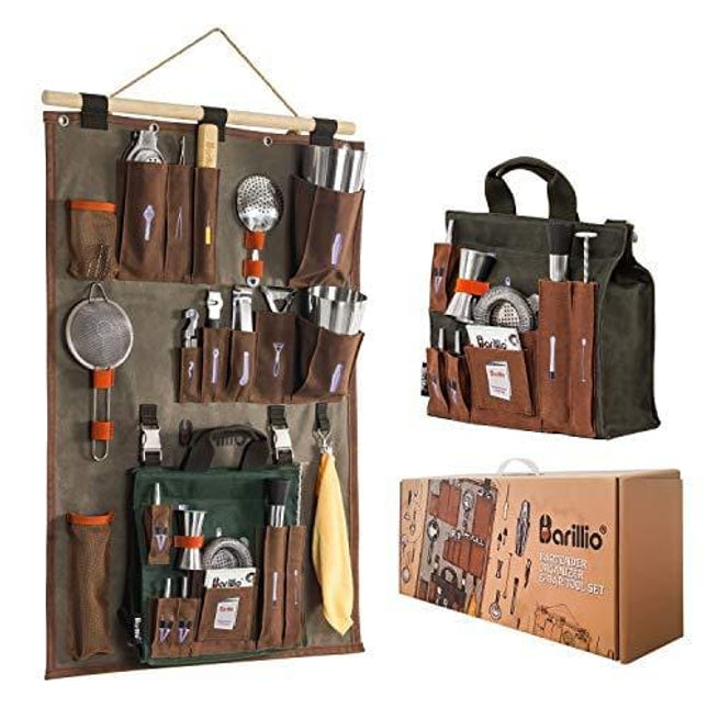 Bartender Wall Organizer With Bar tool Set | Professional Bartender Kit With Waxed Canvas Organiser Including Portable Bar Bag for Cocktail Kit | Perfect for Home Bartending
