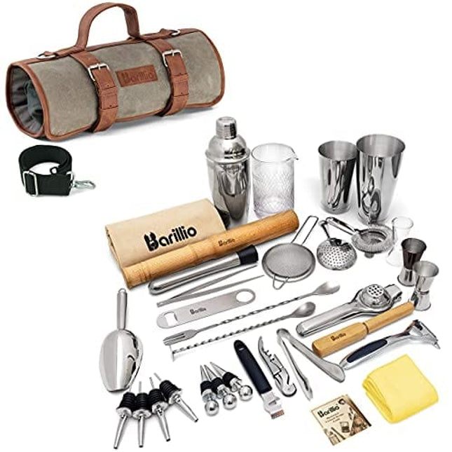 Cocktail Shaker Set Bartender Kit Bundle With Travel Bartender Bag: Complete Bar Tool Set | Barware Essentials, Premium Mixology Gear & Waxed Canvas Bartender Roll