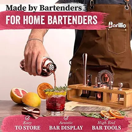 Copper 23-Piece Bartender Kit Cocktail Shaker Set by BARILLIO: Stainless Steel Rose Gold Bar Tools with Sleek Bamboo Stand, Velvet Carry Bag & Recipes Booklet