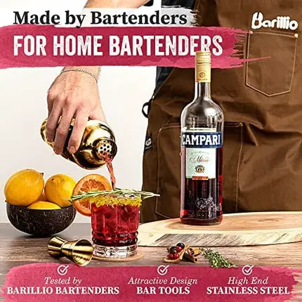 Gold Cocktail Shaker Set Bartender Kit by BARILLIO: 24 oz Stainless Steel Martini Mixer, Muddler, Mixing Spoon, Jigger, 2 Liquor pourers, Velvet Bag, Recipes Booklet & eBook…