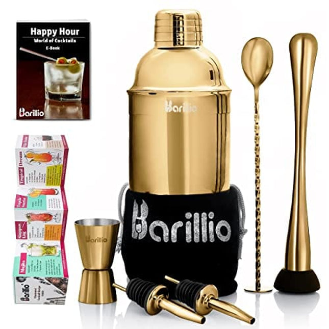 Gold Cocktail Shaker Set Bartender Kit by BARILLIO: 24 oz Stainless Steel Martini Mixer, Muddler, Mixing Spoon, Jigger, 2 Liquor pourers, Velvet Bag, Recipes Booklet & eBook…