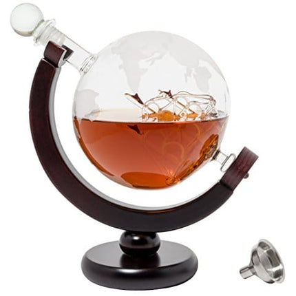 BarMe 850ml Whiskey Decanter with Dark Finished Wood Stand and Bar Funnel