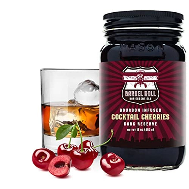 Barrel Roll Bar Essentials Cocktail Cherries - Premium Bourbon-Infused Dark Cherries for Cocktails, Alcoholic Drinks, Cheese Plates, Ice Cream Toppings - Slow-Cooked, USA-Made Garnish - Large 16oz Jar