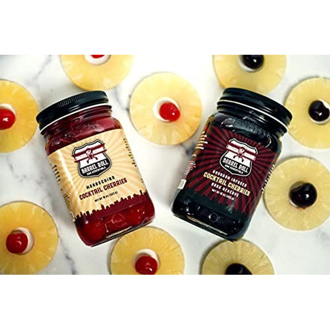 Barrel Roll Bar Essentials Cocktail Cherries - Premium Bourbon-Infused Dark Cherries for Cocktails, Alcoholic Drinks, Cheese Plates, Ice Cream Toppings - Slow-Cooked, USA-Made Garnish - Large 16oz Jar