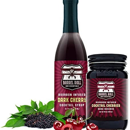 Barrel Roll Bar Essentials Cocktail Cherries - Premium Bourbon-Infused Dark Cherries for Cocktails, Alcoholic Drinks, Cheese Plates, Ice Cream Toppings - Slow-Cooked, USA-Made Garnish - Large 16oz Jar