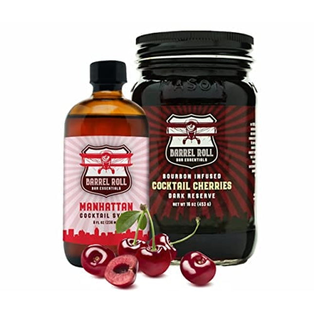 Barrel Roll Bar Essentials Cocktail Mixers - Manhattan Cocktail Mix Kit - All-Natural Manhattan Drink Mix & Bourbon Cocktail Cherries
