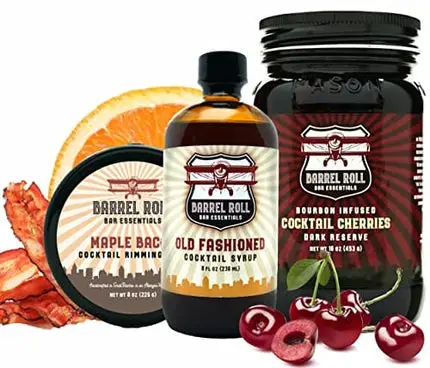 Barrel Roll Bar Essentials Cocktail Mixers - Old Fashioned Cocktail Kit - All-Natural Old Fashioned Drink Mix, Bourbon Cocktail Cherries & Maple Bacon Cocktail Rimmer