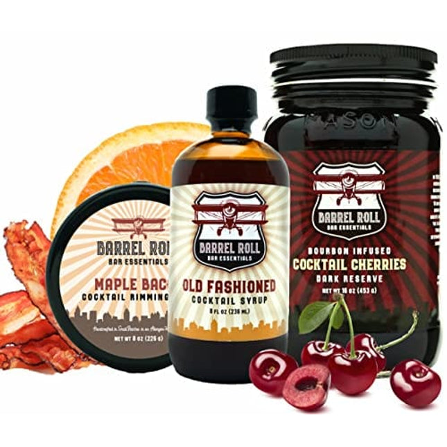 Barrel Roll Bar Essentials Cocktail Mixers - Old Fashioned Cocktail Kit - All-Natural Old Fashioned Drink Mix, Bourbon Cocktail Cherries & Maple Bacon Cocktail Rimmer