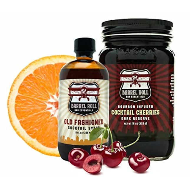 Barrel Roll Bar Essentials Cocktail Mixers - Old Fashioned Cocktail Kit - All-Natural Old Fashioned Drink Mix & Cocktail Cherries