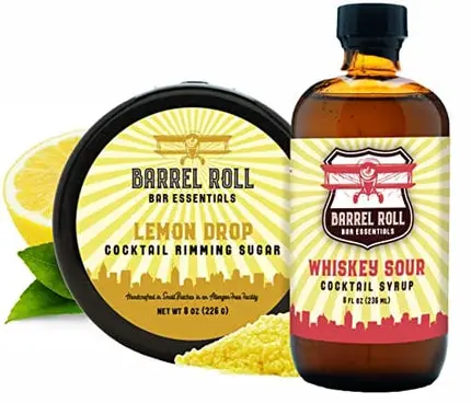Barrel Roll Bar Essentials Cocktail Mixers - Whiskey Sour Cocktail Mix Kit - All Natural Whiskey Sour Drink Mix & Lemond Drop Sugar Rimmer