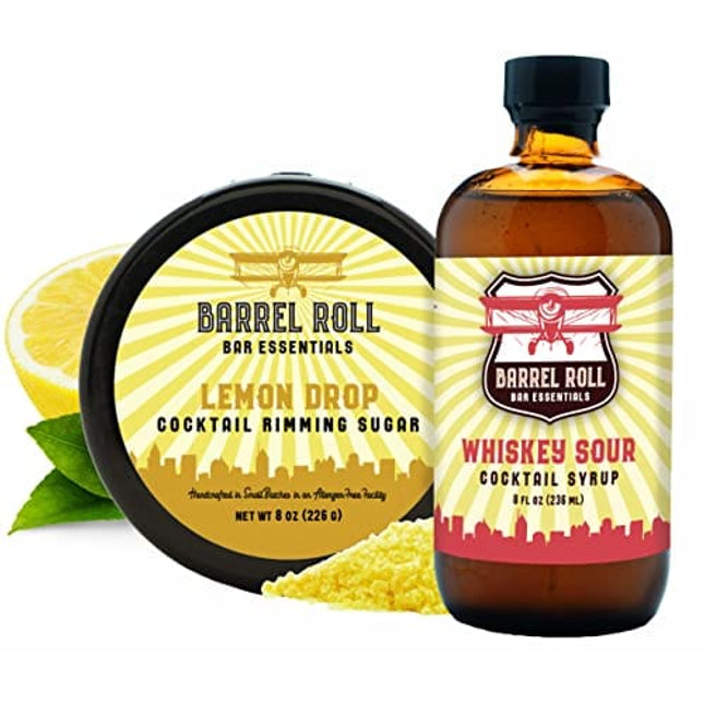 Barrel Roll Bar Essentials Cocktail Mixers - Whiskey Sour Cocktail Mix Kit - All Natural Whiskey Sour Drink Mix & Lemond Drop Sugar Rimmer