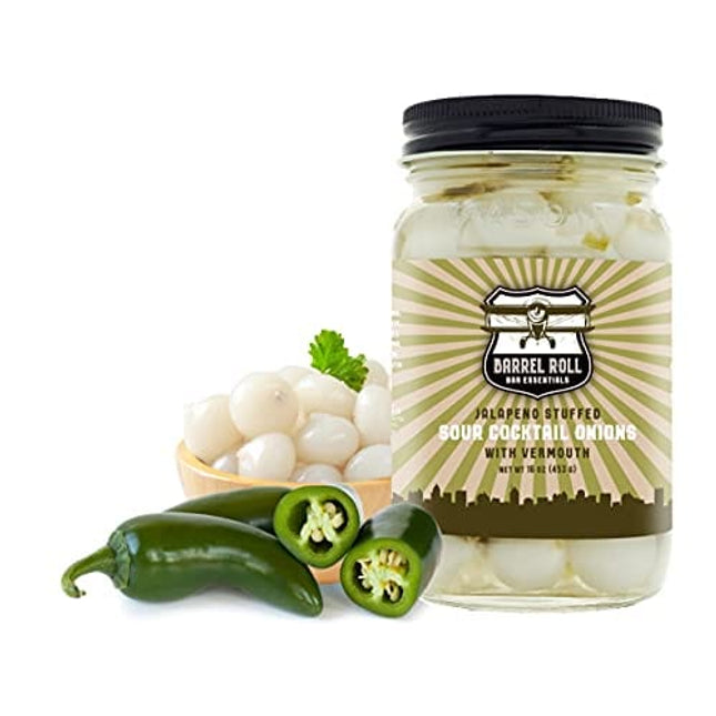 Barrel Roll Bar Essentials Cocktail Onions - Jalapeño Stuffed Sour Silver Skin Pickled Onions with Vermouth in Salty Vinegar - Gibson, Bloody Mary Cocktail Garnish - Gourmet Ingredients - 16 Ounces