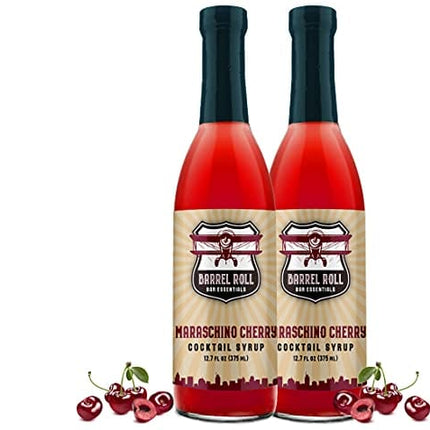 Barrel Roll Bar Essentials Maraschino Cherry Cocktail Syrup - Cherry Syrup for Alcoholic Drinks, Amaretto Sour, Old Fashioned - Coffee, Smoothie, Dessert & Snow Cone Flavoring - 2 x 12.7 oz