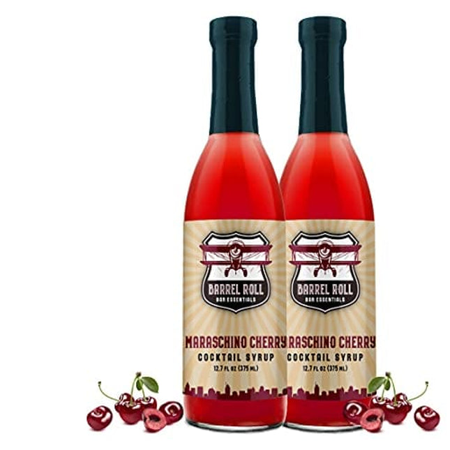 Barrel Roll Bar Essentials Maraschino Cherry Cocktail Syrup - Cherry Syrup for Alcoholic Drinks, Amaretto Sour, Old Fashioned - Coffee, Smoothie, Dessert & Snow Cone Flavoring - 2 x 12.7 oz