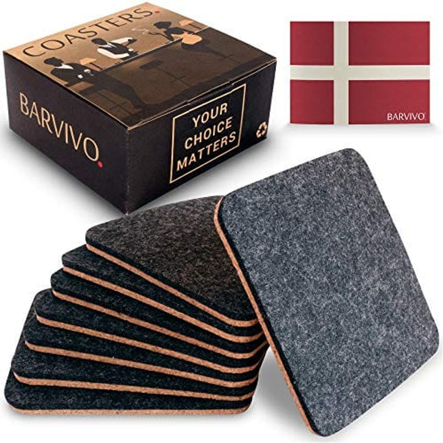 BARVIVO Black Coasters for Drinks Absorbent Set of 8 - Perfect Two Sided Drink Coasters for Wooden Table Protection with a Scratch Preventing Cork Side and an Instant Condensation Absorbing Felt Side