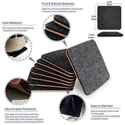 BARVIVO Black Coasters for Drinks Absorbent Set of 8 - Perfect Two Sided Drink Coasters for Wooden Table Protection with a Scratch Preventing Cork Side and an Instant Condensation Absorbing Felt Side