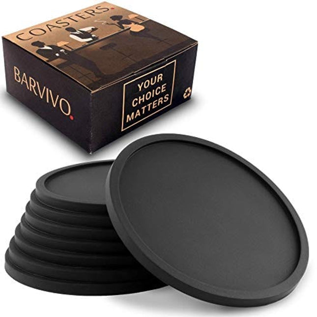Barvivo Silicone Coasters with Holder Set of 8 - Cup Coasters for Indoor and Outdoor, Perfect Durable Coaster for Tabletop Protection, Anti Slip, Suitable for All Drinks & Table Types - Black