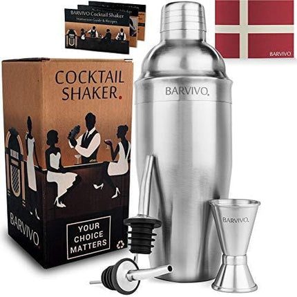 Professional Cocktail Shaker Set w/a Double Jigger & 2 Liquor Pourers by BARVIVO - 24oz Martini Mixer Made of Brushed Stainless Steel Perfect for Mixing Margarita, Manhattan & Other Drinks at Home.