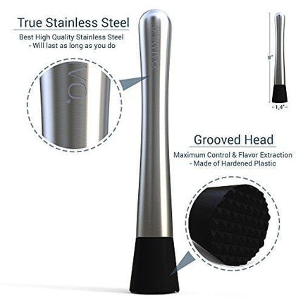 Professional Drink Muddler - Ideal Bartender Tool for Old Fashioned & Mojitos by BARVIVO - Muddle & Mix the Perfect Cocktail Right at Home Using This 8in. Stainless Steel Pestle w/Grooved Nylon Head