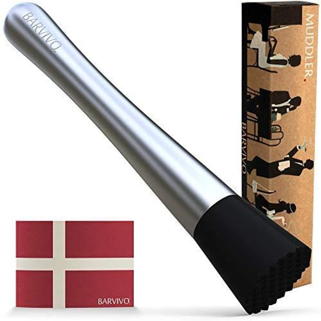 Professional Drink Muddler - Ideal Bartender Tool for Old Fashioned & Mojitos by BARVIVO - Muddle & Mix the Perfect Cocktail Right at Home Using This 8in. Stainless Steel Pestle w/Grooved Nylon Head