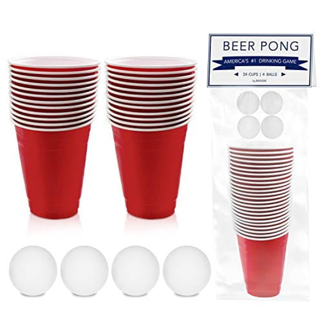 BayView Beer Pong Set Complete | 24 Cups & 4 Balls | America's #1 Drinking Game, Reusable