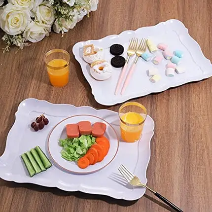 BBG 6 Pack Rectangle White Plastic Serving Trays, 15" x 10" Heavy Duty Serving Platters, Reusable Trays Perfect For Wedding, Parties & Buffet