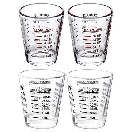 Shot Glasses Measuring cup Espresso Shot Glass Liquid Heavy Glass Wine Glass 26-Incremental Measurement 1oz, 6 Tsp, 2 Tbs, 30ml (2 pack-Black + 2 pack-Red)
