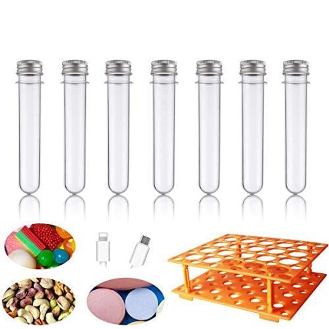 BcPowr 25Pcs 25x140mm(40ml) Clear Flat-Bottomed Plastic Test Tubes with Orange Plastic Test Tube Rack
